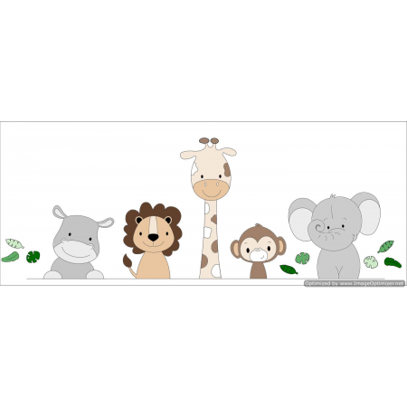 Muursticker 5 jungle dieren nijlpaard, leeuw, giraf,aap,olifant - naturel tinten met groene blaadjes (115x55cm)